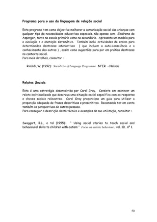 50
Programa para o uso da linguagem de relação social
Este programa tem como objectivo melhorar a comunicação social das crianças com
qualquer tipo de necessidades educativas especiais, não apenas com Síndrome de
Asperger, tanto na escola primária como na secundária. Apresenta um modelo para
a avaliação e a anotação sistemática. Também inclui actividades de ensino para
determinadas destrezas interactivas ( que incluem a auto-consciência e o
conhecimento dos outros ) , assim como sugestões para por em prática destrezas
no contexto social.
Para mais detalhes, consultar :
Rinaldi, W. (1992): Social Use of Language Programme. NFER - Nelson.
Relatos Sociais
Esta é uma estratégia desenvolvida por Carol Gray. Consiste em escrever um
relato individualizado que descreva uma situação social específica com as respostas
e chaves sociais relevantes. Carol Gray proporciona um guia para utilizar a
proporção adequada de frases descritivas e prescritivas. Recomenda ter em conta
também as perspectivas de outras pessoas.
Para conseguir a descrição desta técnica e exemplos da sua utilização, consultar :
Swaggart, B.L., e tal (1995): “ Using social stories to teach social and
behavioural skills to children with autism “ Focus on autistic behaviour ; vol. 10, nº 1.
 
