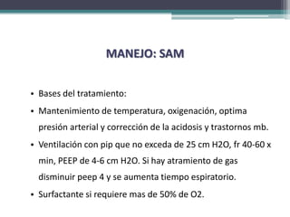 MANEJO: SAM


• Bases del tratamiento:
• Mantenimiento de temperatura, oxigenación, optima
  presión arterial y corrección de la acidosis y trastornos mb.
• Ventilación con pip que no exceda de 25 cm H2O, fr 40-60 x
  min, PEEP de 4-6 cm H2O. Si hay atramiento de gas
  disminuir peep 4 y se aumenta tiempo espiratorio.
• Surfactante si requiere mas de 50% de O2.
 