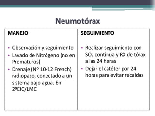 Neumotórax
MANEJO                         SEGUIMIENTO

• Observación y seguimiento    • Realizar seguimiento con
• Lavado de Nitrógeno (no en     SO2 continua y RX de tórax
  Prematuros)                    a las 24 horas
• Drenaje (Nº 10-12 French)    • Dejar el catéter por 24
  radiopaco, conectado a un      horas para evitar recaídas
  sistema bajo agua. En
  2ºEIC/LMC
 