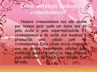 Como obtemos nossosComo obtemos nossos
cromossomos?cromossomos?
Nossos cromossomos nos são dados
por nossos pais; cada um deles nos dá
pelo óvulo e pelo espermatozóide 23
cromossomos e da união dos mesmos é
produzida uma célula com 46
cromossomos. Esta célula inicial chamada
ovo se divide, resultando células com
conteúdo genético idêntico. Nas pessoas
com síndrome de Down essa divisão fica
errada.
 