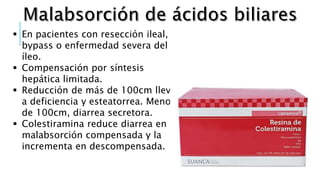  En pacientes con resección ileal,
bypass o enfermedad severa del
íleo.
 Compensación por síntesis
hepática limitada.
 Reducción de más de 100cm lleva
a deficiencia y esteatorrea. Menos
de 100cm, diarrea secretora.
 Colestiramina reduce diarrea en
malabsorción compensada y la
incrementa en descompensada.
 