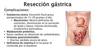 Complicaciones:
 Esteatorrea severa: Excreción fecal grasa
postquirúrgica de 15-20 gramos al día.
 Mecanismos: Mezcla deficiente de
nutrientes, disminución en la secreción
de ácido y lipasa, tránsito disminuido,
insuficiencia pancreática.
 Malabsorción proteínica.
 Pocos cambios en absorción de carbohidratos.
 Síntomas gastrointestinales:
 Diarrea, pérdida severa de peso.
 Deficiencia de vitamina E al no pasar el
contenido por el duodeno.
 