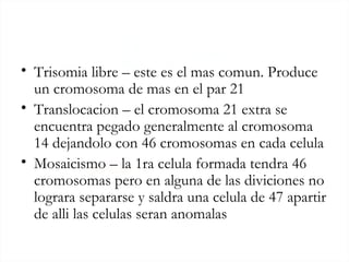 <ul><li>Trisomia libre – este es el mas comun. Produce un cromosoma de mas en el par 21 </li></ul><ul><li>Translocacion – ...