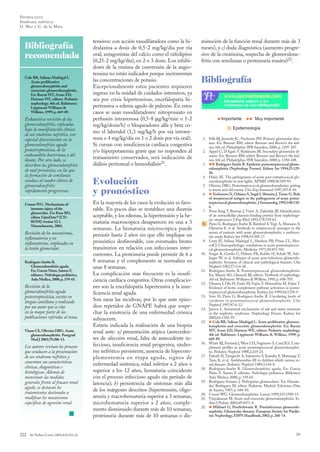 N EFROLO GÍA
Síndrome nefrítico
O. Mur y G. de la Mata

Bibliografía
recomendada
Cole BR, Salinas Madrigal L.
Acute proliferative
glomerulonephritis and
crescentic glomerulonephritis.
En: Barrat MT, Avner ED,
Harmon WE, editors. Pediatric
nephrology. 4th ed. Baltimore:
Lippincott Williams &
Wilkins, 1999; p. 669-89.

Exhaustiva revisión de las
glomerulonefritis, enfocadas
bajo la manifestación clínica
de un síndrome nefrítico, con
especial detenimiento en la
glomerulonefritis aguda
postestreptocócica, de la
endocarditis bacteriana y del
shunt. Por otro lado, se
describen las glomerulonefritis
de mal pronóstico, en las que
la formación de semilunas
conduce al cuadro clínico de
glomerulonefritis
rápidamente progresivas.
Couser WG. Mechanisms of
immune injury of the
glomerulus. En: Rose BD,
editor. UptoDate® [CDROM] version 12.1.
Massachusetts, 2004.

Revisión de los mecanismos,
inflamatorios y no
inflamatorios, implicados en
la lesión glomerular.
Rodríguez Iturbe B.
Glomerulonefritis aguda.
En: García Nieto, Santos F,
editores. Nefrología pediátrica.
Aula Médica, 2000; p. 159-65.

Revisión de la
glomerulonefritis aguda
postestreptocócica, escrita en
lengua castellana y realizada
por un autor que se cita
en la mayor parte de las
publicaciones referidas al tema.
Vinen CS, Oliveira DBG. Acute
glomerulonephritis. Postgrad
Med J 2003;79:206-13.

Los autores revisan los procesos
que conducen a la presentación
de un síndrome nefrítico y
comentan sus características
clínicas, diagnósticas e
histológicas. Además de
mencionar las medidas
generales frente al fracaso renal
agudo, se destacan los
tratamientos destinados a
modificar los mecanismos
específicos de agresión renal.

■

222

An Pediatr Contin 2004;2(4):216-22

tensivos: con acción vasodilatadora como la hidralazina a dosis de 0,5-2 mg/kg/día por vía
oral; antagonistas del calcio como el nifedipino
(0,25-2 mg/kg/día), en 2 o 3 dosis. Los inhibidores de la enzima de conversión de la angiotensina no están indicados porque incrementan
las concentraciones de potasio.
Excepcionalmente estos pacientes requieren
ingreso en la unidad de cuidados intensivos, ya
sea por crisis hipertensivas, encefalopatía hipertensiva o edema agudo de pulmón. En estos
casos se usan vasodilatadores: nitroprusiato en
perfusión intravenosa (0,5-8 µg/kg/min o 1-2
mg/kg/dosis/h) o bloqueadores alfa y beta como el labetalol (1,3 mg/kg/h por vía intravenosa o 4 mg/kg/día en 1 o 2 dosis por vía oral).
Si cursan con insuficiencia cardíaca congestiva
y/o hiperpotasemia grave que no responden al
tratamiento conservador, será indicación de
diálisis peritoneal o hemodiálisis21.

Evolución
y pronóstico
En la mayoría de los casos la evolución es favorable. En pocos días se restablece una diuresis
aceptable, y los edemas, la hipertensión y la hematuria macroscópica desaparecen en una a 3
semanas. La hematuria microscópica puede
persistir hasta 2 años sin que ello implique un
pronóstico desfavorable, con eventuales brotes
transitorios en relación con infecciones intercurrentes. La proteinuria puede persistir de 6 a
8 semanas y el complemento se normaliza en
unas 8 semanas.
La complicación más frecuente es la insuficiencia cardíaca congestiva. Otras complicaciones son la encefalopatía hipertensiva y la insuficiencia renal aguda.
Son raras las recidivas, por lo que ante episodios repetidos de GNAPE habrá que sospechar la existencia de una enfermedad crónica
subyacente.
Estaría indicada la realización de una biopsia
renal ante: a) presentación atípica (antecedentes de afección renal, falta de antecedente infeccioso, insuficiencia renal progresiva, síndrome nefrótico persistente, ausencia de hipocomplementemia en etapa aguda, signos de
enfermedad sistémica, edad inferior a 2 años o
superior a los 12 años, hematuria coincidente
con el proceso infeccioso agudo sin período de
latencia); b) persistencia de síntomas más allá
de los márgenes descritos (hipertensión, oligoanuria y macrohematuria superior a 3 semanas,
microhematuria superior a 2 años, complemento disminuido durante más de 10 semanas,
proteinuria durante más de 10 semanas o dis-

minución de la función renal durante más de 3
meses), y c) duda diagnóstica (aumento progresivo de la creatinina, sospecha de glomerulonefritis con semilunas o proteinuria masiva)22.

Bibliografía

• Importante ••
■

Muy importante

Epidemiología

1. Falk RJ, Jennette JC, Nachman PH. Primary glomerular diseases. En: Brenner BM, editor. Brenner and Rector’s the kidney. 6th ed. Philadelphia: WB Saunders, 2000; p. 1297-307.
2. Appel G, D’Agati V, Rishhnam JR. Secondary glomerular diseases. En: Brenner BM, editor. Brenner and Rector’s the kidney. 6th ed. Philadelphia: WB Saunders, 2000; p. 1350-448.
3.
Rodríguez Iturbe B. Epidemic postestreptococcal glomerulonephritis (Nephrology Forum). Kidney Int 1994;25:12936.
4. Holm SE. The pathogenesis of acute post estreptococcal glomerulonephritis in new lights. APMIS 1988;96:189-93.
5. Oliveira DBG. Postestreptococcal glomerulonephritis: getting
to know and old enemy. Clin Exp Immunol 1997;107:8-10.
6.
Yoshizawa N, Oshima S, Segal I, Shimizu J, Treser G. Role
of streptococcal antigen in the pathogenesis of acute postestreptococcal glomerulonephritis. J Immunolog 1992;148:1106.
7. Poon-King T, Bannan J, Viteri A, Zabriskie JB. Identification
of an extracellullar plasmin binding protein from nephritogenic streptococci. J Exp Med 1993;178:759-63.
8. Parra G, Rodríguez Iturbe B, Batsford S, Vogt A, Mezzano S,
Olavarría F, et al. Antibody to streptococcal zymogen in the
serum of patients with acute glomerulonephritis: a multicentric study. Kidney Int 1998;54:509-17.
9. Lewy JE, Salinas Madrigal L, Herdson PB, Pirani CL, Metcoff J. Clinicopathologic correlations in acute postestreptococcal glomerulonephritis. Medicine 1971;50:453-501.
10. Sorger K, Gessler U, Hübner FK, Kohler H, Schulz W, Suhlinger W, et al. Subtypes of acute post-infectious glomerulonephritis. Synopsis of clinical and pathological features. Clin
Nephrol 1982;17:114-28.
11. Rodríguez Iturbe B. Postestreptococcal glomerulonephritis.
En: Massry SG, Glassock RJ, editors. Textbook of nephrology.
3rd ed. Baltimore: Williams & Wilkins, 1995; p. 698-703.
12. Ohsawa I, Ohi H, Endo M, Fujita T, Matsushita M, Fujita T.
Evidence of lectin complement pathway activation in postestreptococcal glomerulonephritis. Kidney Int 1999;56:1158-9.
13. Soto H, Parra G, Rodríguez-Iturbe B. Circulating levels of
cytokines in poststreptococcal glomerulonephritis. Clin
Nephrol 1997;47:6-12.
14. Juncos L. Intrarrenal mechanisms of salt and water retention
in the nephritic syndrome. Nephrology Forum. Kidney Int
2002;61:1182-95.
15.
Cole BR, Salinas Madrigal L. Acute proliferative glomerulonephritis and crescentic glomerulonephritis. En: Barrat
MT, Avner ED, Harmon WE, editors. Pediatric nephrology.
4th ed. Baltimore: Lippincott Williams & Wilkins, 1999; p.
669-89.
16. Wyatt RJ, Forristal J, West CD, Sugimoto S, Curd JGl. Complement profiles in acute poststreptococcal glomerulonephritis. Pediatric Nephrol 1988;2:219-23.
17. Fukuih H, Taniguchi A, Sakamoto S, Kawaha S, Matsunga T,
Taira K, et al. Antithrombin III in children whith various renal diseases. Pediatric Nephrol 1989;3:144-8.
18. Rodríguez-Iturbe B. Glomerulonefritis aguda. En: García
Nieto V, Santos F, editores. Nefrología pediátrica. Biblioteca
Aula Médica, 2000; p. 159-65.
19. Rodríguez-Soriano J. Nefropatías glomerulares. En: Hernández Rodríguez M, editor. Pediatría. Madrid: Ediciones Díaz
de Santos, 1987; p. 644-50.
20. Couser WG. Glomerulonephritis. Lancet 1999;353:1509-15.
21. Vijayakumar M. Acute and crescentic glomerulonephritis. Indian J Pediatr 2002;69:1071-4.
22.
Mikhael G, Postlethwaite R. Postinfectious glomerulonephritis. Glomerular diseases. European Society for Paediatric Nephrology, ESPN Handbook, 2002; p. 268-74.

••

•

■

•

•

34

 