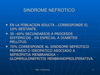 SINDROME NEFROTICO   EN LA POBLACION ADULTA , CORRESPONDE EL 10% RESTANTE. 30 -40% SECUNDARIOS A PROCESOS SISTEMICOS , EN ESPECIAL A DIABETES MELLITUS. 70% CORRESPONDE AL SINDROME NEFROTICO PRIMARIO O IDEOPATICO ASOCIADO A NEFROPATIA MENBRANOSA – GLOMERULONEFRITIS MENBRANOPROLIFERATIVA. 