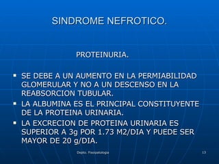 SINDROME NEFROTICO. PROTEINURIA. SE DEBE A UN AUMENTO EN LA PERMIABILIDAD GLOMERULAR Y NO A UN DESCENSO EN LA REABSORCION TUBULAR. LA ALBUMINA ES EL PRINCIPAL CONSTITUYENTE DE LA PROTEINA URINARIA. LA EXCRECION DE PROTEINA URINARIA ES SUPERIOR A 3g POR 1.73 M2/DIA Y PUEDE SER MAYOR DE 20 g/DIA. 