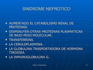 SINDROME NEFROTICO AUMENTADO EL CATABOLISMO RENAL DE PROTEINAS. DISMINUYEN OTRAS PROTEINAS PLASMATICAS DE BAJO PESO MOLECULAR. TRANSFERRINA. LA CERULOPLASMINA. LA GLOBULINA TRASPORTADORA DE HORMONA TIROIDEA. LA INMUNOGLOBULINA G. 