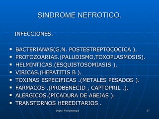 SINDROME NEFROTICO. INFECCIONES. BACTERIANAS(G.N. POSTESTREPTOCOCICA ). PROTOZOARIAS.(PALUDISMO,TOXOPLASMOSIS). HELMINTICAS.(ESQUISTOSOMIASIS ). VIRICAS.(HEPATITIS B ). TOXINAS ESPECIFICAS .(METALES PESADOS ). FARMACOS .(PROBENECID , CAPTOPRIL .). ALERGICOS.(PICADURA DE ABEJAS ). TRANSTORNOS HEREDITARIOS . 