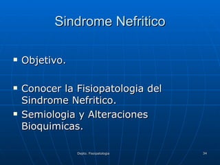 Sindrome Nefritico Objetivo. Conocer la Fisiopatologia del Sindrome Nefritico. Semiologia y Alteraciones Bioquimicas. 