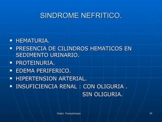 SINDROME NEFRITICO. HEMATURIA. PRESENCIA DE CILINDROS HEMATICOS EN SEDIMENTO URINARIO. PROTEINURIA. EDEMA PERIFERICO. HIPERTENSION ARTERIAL. INSUFICIENCIA RENAL : CON OLIGURIA . SIN OLIGURIA. 