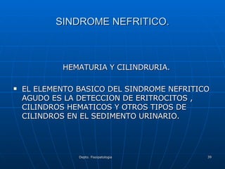 SINDROME NEFRITICO. HEMATURIA Y CILINDRURIA. EL ELEMENTO BASICO DEL SINDROME NEFRITICO AGUDO ES LA DETECCION DE ERITROCITOS , CILINDROS HEMATICOS Y OTROS TIPOS DE CILINDROS EN EL SEDIMENTO URINARIO. 