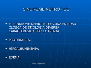 SINDROME NEFROTICO EL SINDROME NEFROTICO ES UNA ENTIDAD CLINICA DE ETIOLOGIA DIVERSA  CARACTERIZADA POR LA TRIADA. PROTEINURIA. HIPOALBUMINEMIA. EDEMA. 