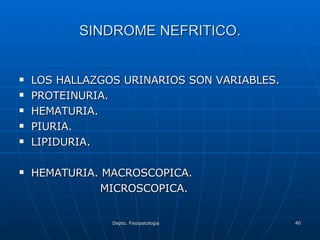 SINDROME NEFRITICO. LOS HALLAZGOS URINARIOS SON VARIABLES. PROTEINURIA. HEMATURIA. PIURIA. LIPIDURIA. HEMATURIA. MACROSCOPICA. MICROSCOPICA. 