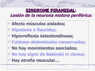 SINDROME PIRAMIDAL : Lesión de la neurona motora periférica: Afecta músculos aislados; Hipotonía ó flaccidez; Hiporreflexia ósteotendinosa; Cutáneo - abdominales conse r vados; No hay movimientos asociados; No hay signo de Babinski   ni clonus; Hay atrofia muscular… 