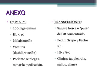 ANEXOANEXO
• Fe+
IV o IM:
▫ 200 mg/semana
▫ Hb < 10
▫ Malabsorción
▫ Vómitos
(deshidratación)
▫ Paciente se niega a
tomar la medicación.
• TRANSFUSIONES:
▫ Sangre fresca o “puré”
de GR concentrado
▫ Pedir: Grupo y Factor
Rh
▫ Hb ≤ 8-9
▫ Clínica: taquicardia,
pálido, disnea
 