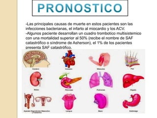 -Las principales causas de muerte en estos pacientes son las
infecciones bacterianas, el infarto al miocardio y los ACV.
-Algunos paciente desarrollan un cuadro trombotico multisistemico
con una mortalidad superior al 50% (recibe el nombre de SAF
catastrófico o síndrome de Asherson), el 1% de los pacientes
presenta SAF catastrófico.
 