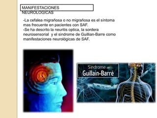MANIFESTACIONES
NEUROLOGICAS
-La cefalea migrañosa o no migrañosa es el síntoma
mas frecuente en pacientes con SAF.
-Se ha descrito la neuritis optica, la sordera
neurosensorial y el sindrome de Guillian-Barre como
manifestaciones neurológicas de SAF.
 