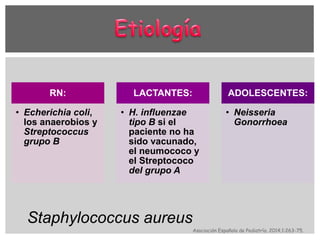 Staphylococcus aureus
RN:
• Echerichia coli,
los anaerobios y
Streptococcus
grupo B
LACTANTES:
• H. influenzae
tipo B si el
paciente no ha
sido vacunado,
el neumococo y
el Streptococo
del grupo A
ADOLESCENTES:
• Neisseria
Gonorrhoea
Asociación Española de Pediatría. 2014;1:263-75.
 