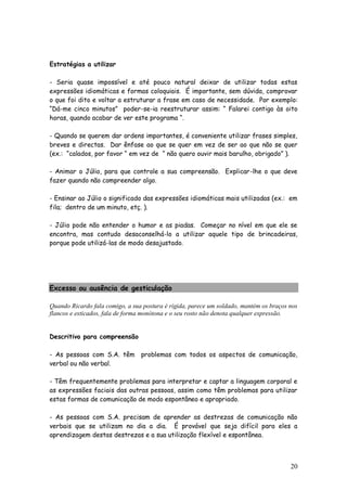 20
Estratégias a utilizar
- Seria quase impossível e até pouco natural deixar de utilizar todas estas
expressões idiomáticas e formas coloquiais. É importante, sem dúvida, comprovar
o que foi dito e voltar a estruturar a frase em caso de necessidade. Por exemplo:
“Dá-me cinco minutos” poder-se-ia reestruturar assim: “ Falarei contigo às oito
horas, quando acabar de ver este programa “.
- Quando se querem dar ordens importantes, é conveniente utilizar frases simples,
breves e directas. Dar ênfase ao que se quer em vez de ser ao que não se quer
(ex.: “calados, por favor “ em vez de “ não quero ouvir mais barulho, obrigado” ).
- Animar o Júlio, para que controle a sua compreensão. Explicar-lhe o que deve
fazer quando não compreender algo.
- Ensinar ao Júlio o significado das expressões idiomáticas mais utilizadas (ex.: em
fila; dentro de um minuto, etç. ).
- Júlio pode não entender o humor e as piadas. Começar no nível em que ele se
encontra, mas contudo desaconselhá-lo a utilizar aquele tipo de brincadeiras,
porque pode utilizá-las de modo desajustado.
Excesso ou ausência de gesticulação
Quando Ricardo fala comigo, a sua postura é rígida, parece um soldado, mantém os braços nos
flancos e esticados, fala de forma monótona e o seu rosto não denota qualquer expressão.
Descritivo para compreensão
- As pessoas com S.A. têm problemas com todos os aspectos de comunicação,
verbal ou não verbal.
- Têm frequentemente problemas para interpretar e captar a linguagem corporal e
as expressões faciais das outras pessoas, assim como têm problemas para utilizar
estas formas de comunicação de modo espontâneo e apropriado.
- As pessoas com S.A. precisam de aprender as destrezas de comunicação não
verbais que se utilizam no dia a dia. É provável que seja difícil para eles a
aprendizagem destas destrezas e a sua utilização flexível e espontânea.
 