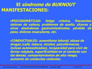 Dr. Antonio L.Turnes LA SALUD MENTAL DE LOS MÉDICOS 10 Octubre 2002 C.U.D.A.S.S.
El síndrome de BURNOUT
MANIFESTACIONES:
PSICOSOMÁTICAS: fatiga crónica, frecuentes
dolores de cabeza, problemas de sueño, úlceras y
otros desórdenes gastrointestinales, pérdida de
peso, dolores musculares, etc.
CONDUCTUALES: ausentismo laboral, abuso de
drogas (café, tabaco, alcohol, psicofármacos,
incluso automedicados), incapacidad para vivir de
forma relajada, superficialidad en el contacto con
los demás, comportamientos de alto riesgo,
aumento de conductas violentas.
 