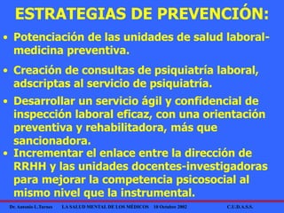 Dr. Antonio L.Turnes LA SALUD MENTAL DE LOS MÉDICOS 10 Octubre 2002 C.U.D.A.S.S.
ESTRATEGIAS DE PREVENCIÓN:
• Potenciación de las unidades de salud laboral-
medicina preventiva.
• Creación de consultas de psiquiatría laboral,
adscriptas al servicio de psiquiatría.
• Desarrollar un servicio ágil y confidencial de
inspección laboral eficaz, con una orientación
preventiva y rehabilitadora, más que
sancionadora.
• Incrementar el enlace entre la dirección de
RRHH y las unidades docentes-investigadoras
para mejorar la competencia psicosocial al
mismo nivel que la instrumental.
 