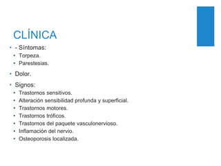 CLÍNICA
• - Síntomas:
• Torpeza.
• Parestesias.
• Dolor.
• Signos:
• Trastornos sensitivos.
• Alteración sensibilidad profunda y superficial.
• Trastornos motores.
• Trastornos tróficos.
• Trastornos del paquete vasculonervioso.
• Inflamación del nervio.
• Osteoporosis localizada.
 