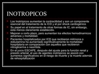 INOTROPICOS
 Los Inotrópicos aumentan la contractilidad y son un componente
esencial del tratamiento de la ICD y el por shock cardiogénico
 Su papel en el tratamiento de otras formas de IC, sin embargo,
esta menos claramente establecido.
 Mejoran a corto plazo, pero aumentan los efectos hemodinamicos
adversos y mortalidad.
 Pacientes hospitalizados por ICD que recibieron milrinona o
dobutamina ha aumentado significativamente la mortalidad
hospitalaria en comparación con aquellos que recibieron
nitroglicerina o nesiritida.
 En el juicio ESCAPE, después del ajuste para la función renal y
presión arterial, el uso de agentes inotrópicos se asoció con
aumentos significativos en el riesgo de muerte y la muerte además
de rehospitalización
 