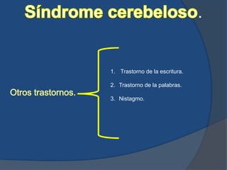 1. Trastorno de la escritura.
2. Trastorno de la palabras.
3. Nistagmo.
.