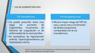 • VIA DE ADMINISTRACIÓN
THTransdérmica
• Se puede prescribir dosis mas
bajas sin aumento de
triglicéridos, incremento de
factores de coagulación ni de
enfermedad de la vesícula biliar
• En portadoras de hipertensión
arterial, hipertrigliceridemia y/o
hepatopaía crónica
TH Estrogénica oral
• Mustra mayor riesgo deTEP de
casi 4 veces mas e incremento
de lípidos sanguíneos
comparadas con la vía
transdérmica
Fuente> Guia de practica clinica.Diagnostico y tratamiento de la perimenopausia y postmenopausia.
Mexico: Instituto Mexicano del Seguro Social.
 