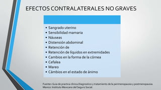 • Sangrado uterino
• Sensibilidad mamaria
• Náuseas
• Distensión abdominal
• Retención de
• Retención de líquidos en extremidades
• Cambios en la forma de la córnea
• Cefalea
• Mareo
• Cámbios en el estado de ánimo
EFECTOS CONTRALATERALES NO GRAVES
Fuente> Guia de practica clinica.Diagnostico y tratamiento de la perimenopausia y postmenopausia.
Mexico: Instituto Mexicano del Seguro Social.
 