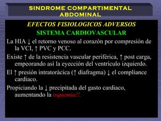 EFECTOS FISIOLOGICOS ADVERSOS SISTEMA CARDIOVASCULAR La HIA ↓ el retorno venoso al corazón por compresión de la VCI, ↑ PVC y PCC.  Existe ↑ de la resistencia vascular periférica, ↑ post carga, empeorando así la eyección del ventrículo izquierdo. El ↑ presión intratorácica (↑ diafragma) ↓ el compliance cardiaco.  Propiciando la ↓ precipitada del gasto cardiaco, aumentando la  isquemia !! .   SINDROME COMPARTIMENTAL ABDOMINAL 