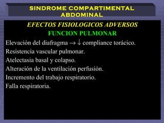 EFECTOS FISIOLOGICOS ADVERSOS FUNCION PULMONAR Elevación del diafragma       compliance torácico. Resistencia vascular pulmonar. Atelectasia basal y colapso. Alteración de la ventilación perfusión.  Incremento del trabajo respiratorio. Falla respiratoria.   SINDROME COMPARTIMENTAL ABDOMINAL 