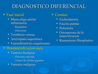 DIAGNOSTICO DDIIFFEERREENNCCIIAALL 
 FFaassee iinniicciiaall 
 MMoonnoo--oolliiggoo--aarrttrriittiiss 
iinnffllaammaattoorriiaa 
• RReeuummááttiiccaa 
• IInnffeecccciioossaa 
 TTrroommbboossiiss vveennoossaa 
 AArrtteerriiooppaattiiaa iissqquueemmiiaaccaa 
 EEssppoonnddiillooaarrttrriittiiss aannqquuiilloossaannttee 
 DDeessmmiinneerraalliizzaacciioonn óósseeaa 
 TTuummoorreess bbeenniiggnnooss 
• OOsstteeoommaa oosstteeooiiddee 
• TTuummoorr ddee ccéélluullaass ggiiggaanntteess 
 TTuummoorreess mmaalliiggnnooss 
 CCrroonniiccoo 
 EEsscclleerrooddeerrmmiiaa 
 FFaasscciittiiss ppaallmmaarr 
 PPoolliiaarrttrriittiiss 
 OOsstteeooppoorroossiiss ddee llaa 
iinnmmoovviilliizzaacciioonn 
 RReeuummaattiissmmoo ffiibbrrooppllaassttiiccoo 
 