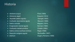 Historia
 Idiotisme acquis Pinel (1809)
 Démence aiguë Esquirol (1814)
 Stupidité (delirio agudo) Georget (1820)
 Confusión alucinatoria aguda Meynert (1868)
 Delirio oniroide Magnàn (1874)
 Enajenación mental aguda Norman (1890)
 Confusión mental primitiva Chaslin (1892)
 Delirio onírico (confuso-onírico) Regis (1906)
 Reacción exógena aguda Bonhoeffer (1907)
 Delirium Engel y Romano (1959)
 