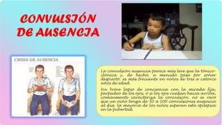 CONVULSIÓN
DE AUSENCIA
La convulsión ausencia parece más leve que la tónico-
clónica y, de hecho, a menudo pasa por soñar
despierto. es más frecuente en niños de tres a catorce
años de edad.
Un breve lapso de conciencia con la mirada fija,
parpadeo de los ojos, o si los ojos ruedan hacia arriba,
comúnmente caracteriza la convulsión. no es raro
que un niño tenga de 50 a 100 convulsiones ausencia
al día. la mayoría de los niños superan esta epilepsia
en la pubertad.
 