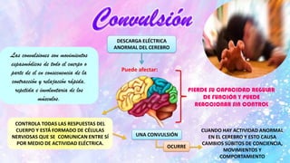 DESCARGA ELÉCTRICA
ANORMAL DEL CEREBRO
Puede afectar:
PIERDE SU CAPACIDAD REGULAR
DE FUNCIÓN Y PUEDE
REACCIONAR SIN CONTROL
CONTROLA TODAS LAS RESPUESTAS DEL
CUERPO Y ESTÁ FORMADO DE CÉLULAS
NERVIOSAS QUE SE COMUNICAN ENTRE SÍ
POR MEDIO DE ACTIVIDAD ELÉCTRICA.
UNA CONVULSIÓN
CUANDO HAY ACTIVIDAD ANORMAL
EN EL CEREBRO Y ESTO CAUSA
CAMBIOS SÚBITOS DE CONCIENCIA,
MOVIMIENTOS Y
COMPORTAMIENTO
OCURRE
Las convulsiones son movimientos
espasmódicos de todo el cuerpo o
parte de el en consecuencia de la
contracción y relajación rápida,
repetida e involuntaria de los
músculos.
 