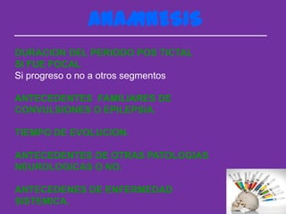 ANAMNESIS
DURACION DEL PERIODO POS TICTAL
SI FUE FOCAL
Si progreso o no a otros segmentos

ANTECEDENTES FAMILIARES DE
CONVULSIONES O EPILEPSIA.

TIEMPO DE EVOLUCION.

ANTECEDENTES DE OTRAS PATOLOGIAS
NEUROLOGICAS O NO.

ANTECEDENES DE ENFERMEDAD
SISTEMICA.
 