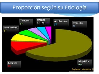 Idiopático
65%
Infección
3%
Drogas
alcohol 4%
Tumores
5%
Traumatismo
5%
Genético
8%
Proporción según su Etiología
Ambientales
3%
 