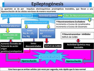 La aparición se da por impulsos electroquímicos presinápticos inestables, que llevan a una
hiperexcitación de las células nerviosas de manera recurrente
Esto hace que se emitan señales 500 veces por segundo, más rápido que la tasa normal
Actividad Química
Axón y Membrana neuronal Libe. De Neurotransmisores
Actividad eléctrica
Potenciales de
acción
Espacio Interneuronal
Neurotransmi
sor
Inhibidor
Déficit de GABA
Neurotransmisores Excitadores
Incremento o Exceso de noradrenalina
Incremento o Exceso de Glutamato
Actividad Química muy
inestable
Iones
Na, K+ , Cl-,
Ca, Mg
Iones
descontrolados
CRISIS DE EPILEPSIA
Aumento Inestable del
Potencial de acción
origen
genético,(canalopatías)
hiperexcitación hiperexcitación
Neurotransmisor Inhibidor
Déficit de GABA
 
