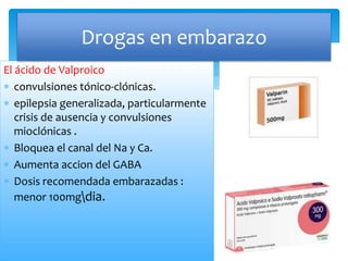 El ácido de Valproico
 convulsiones tónico-clónicas.
 epilepsia generalizada, particularmente
crisis de ausencia y convulsiones
mioclónicas .
 Bloquea el canal del Na y Ca.
 Aumenta accion del GABA
 Dosis recomendada embarazadas :
menor 100mgdia.
Drogas en embarazo
 