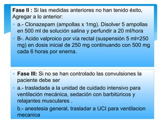 Fase II : Si las medidas anteriores no han tenido éxito,
Agregar a lo anterior:
 a.- Clonazepam (ampollas x 1mg). Disolver 5 ampollas
en 500 ml de solución salina y perfundir a 20 ml/hora
 B-. Acido valproico por vía rectal (suspensión 5 ml=250
mg) en dosis inicial de 250 mg continuando con 500 mg
cada 6 horas por enema.
 Fase III: Si no se han controlado las convulsiones la
paciente debe ser
 a.- trasladada a la unidad de cuidado intensivo para
ventilación mecánica, sedación con barbitúricos y
relajantes musculares .
 b.- anestesia general, trasladar a UCI para ventilacion
mecanica
 