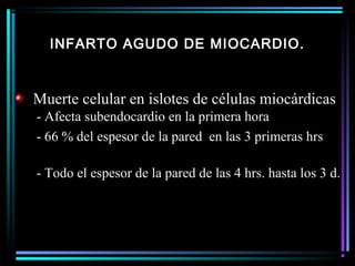 INFARTO AGUDO DE MIOCARDIO.
Muerte celular en islotes de células miocárdicas
- Afecta subendocardio en la primera hora
- 66 % del espesor de la pared en las 3 primeras hrs
- Todo el espesor de la pared de las 4 hrs. hasta los 3 d.
 