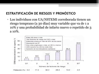 ESTRATIFICACIÓN DE RIESGOS Y PRONÓSTICO
• Los individuos con UA/NSTEMI corroborada tienen un
riesgo temprano (a 30 días) muy variable que va de 1 a
10% y una probabilidad de infarto nuevo o repetido de 3
a 10%.
 