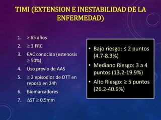 TIMI (EXTENSION E INESTABILIDAD DE LA
ENFERMEDAD)
1. > 65 años
2.  3 FRC
3. EAC conocida (estenosis
 50%)
4. Uso previo de AAS
5.  2 episodios de DTT en
reposo en 24h
6. Biomarcadores
7. ST  0.5mm
• Bajo riesgo: ≤ 2 puntos
(4.7-8.3%)
• Mediano Riesgo: 3 a 4
puntos (13.2-19.9%)
• Alto Riesgo: ≥ 5 puntos
(26.2-40.9%)
 