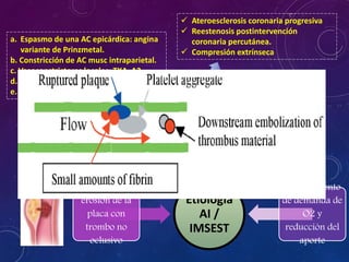 a. Espasmo de una AC epicárdica: angina
variante de Prinzmetal.
b. Constricción de AC musc intraparietal.
c. Vasoconstrictores locales: TXA A2.
d. Disfunción del endotelio coronario.
e. Estímulos adrenérgicos, frio cocaína.
Etiología
AI /
IMSEST
Rotura o
erosión de la
placa con
trombo no
oclusivo
Obstrucción
dinámica
Estrechamient
o –
obstrucción
mecánica
progresiva Inflamación
AI 2º aumento
de demanda de
O2 y
reducción del
aporte
 Ateroesclerosis coronaria progresiva
 Reestenosis postintervención
coronaria percutánea.
 Compresión extrínseca
 