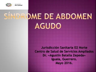 Jurisdicción Sanitaria 02 Norte
Centro de Salud de Servicios Ampliados
Dr. «Agustín Batalla Zepeda»
Iguala, Guerrero.
Mayo 2016.
 