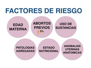 FACTORES DE RIESGO
EDAD
MATERNA
PATOLOGIAS
AGREGADAS
USO DE
SUSTANCIAS
ABORTOS
PREVIOS
5%
ESTADO
NUTRICIONAL
ANOMALIAS
UTERINAS
ANATOMICAS
 