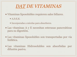 DAT DE VITAMINAS
• Vitaminas liposolubles requieren sales biliares.
• A,D,E,K.
• Incorporadas a micelas para absorberce.
• Las vitaminas A y E necesitan esterasas pancreáticas
para su digestión.
• Las vitaminas liposolubles son transportadas por vía
linfática.
• Las vitaminas Hidrosolubles son absorbidas por
difusión pasiva.
 