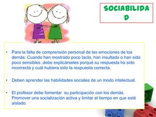 Sociabilidad Para la falta de comprensión personal de las emociones de los demás: Cuando han mostrado poco tacto, han insultado o han sido poco sensibles ,debe explicárseles porqué su respuesta ha sido incorrecta y cuál hubiera sido la respuesta correcta. Deben aprender las habilidades sociales de un modo intelectual.El profesor debe fomentar  su participación con los demás. Promover una socialización activa y limitar el tiempo en que esté aislado.