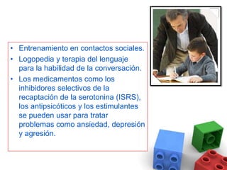 Entrenamiento en contactos sociales.Logopedia y terapia del lenguaje para la habilidad de la conversación.Los medicamentos como los inhibidores selectivos de la recaptación de la serotonina (ISRS), los antipsicóticos y los estimulantes se pueden usar para tratar problemas como ansiedad, depresión y agresión.